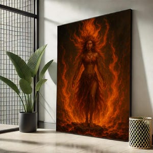 Fiery Goddess Canvas Wall Art – Powerful Mythical Woman in Flames | Bold Fantasy Female Figure Painting