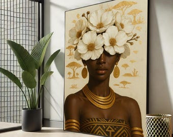 Afro Woman Floral Portrait | Tribal Canvas Wall Art Print | Modern Afrocentric Home Decor