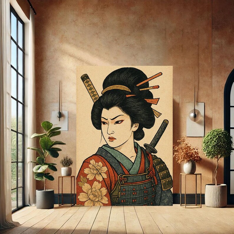 Empowered Samurai Woman Canvas Wall Art Print Cultural Warrior Living