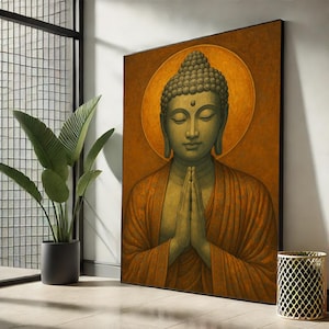Peaceful Buddha Canvas Wall Art – Namaste Pose Spiritual Painting | Golden Zen Decor for Meditation and Mindful Spaces