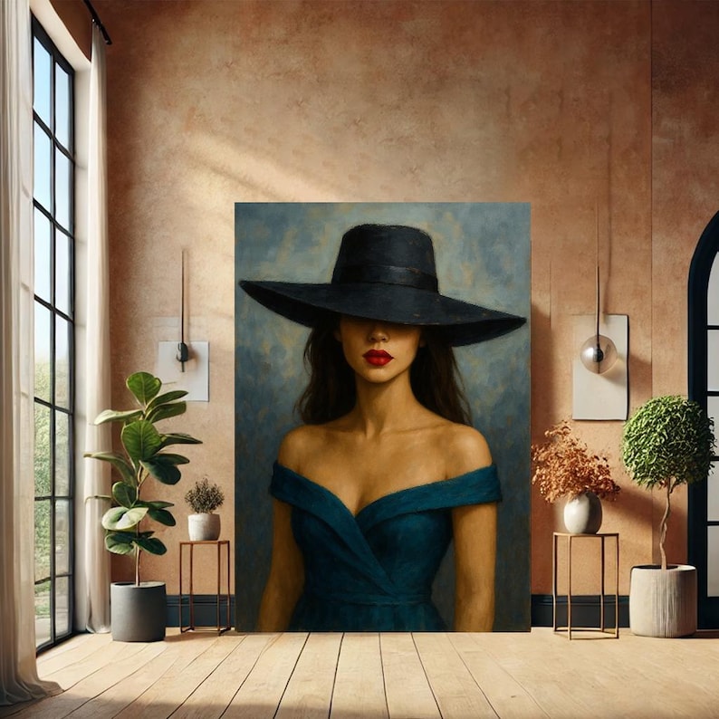 Elegant Woman in Black Hat Canvas Painting | Timeless Portrait Art - Etsy