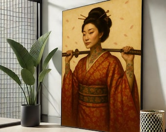 Elegante lienzo decorativo con retrato de geisha japonesa para pared. Una pieza única para decorar el salón.