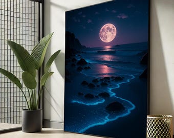 Maanverlichte oceaan canvasafdruk | Muurkunst Dromerig nachtlandschap
