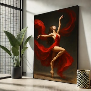 Elegante ballerina in rode canvasdoek | Muurkunst sierlijke dans – Romantische vrouw schilderij voor modern interieur