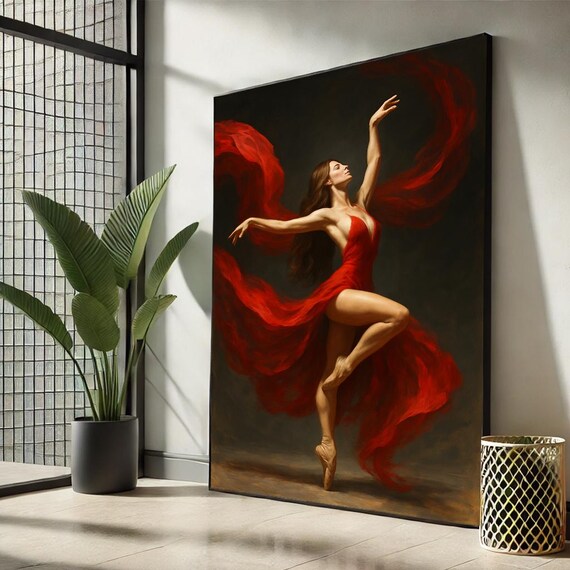 painting of woman in red dress dancing "Balance"