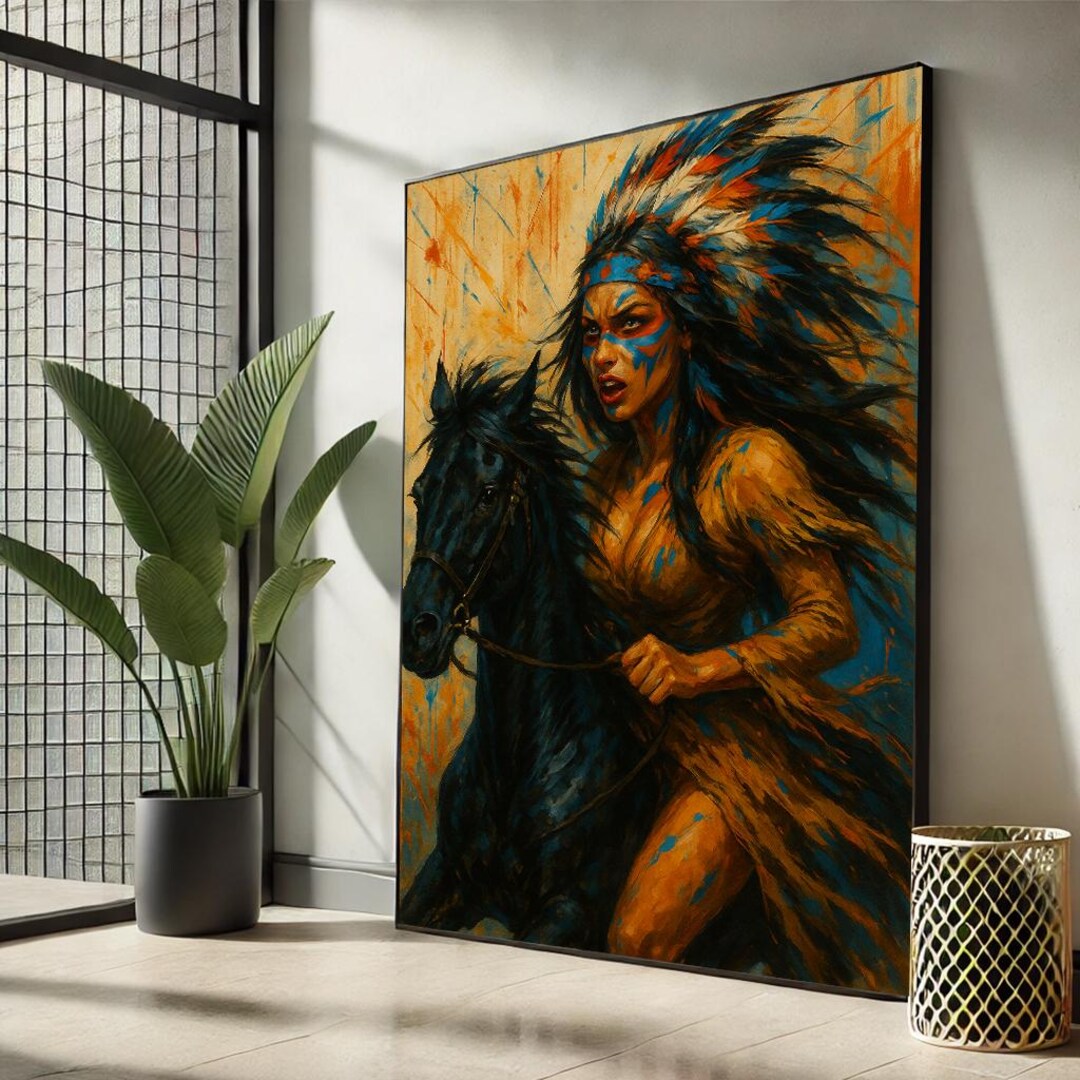 Vibrant Native Warrior Canvas Art | Dynamic Horseback Painting – Bold ...