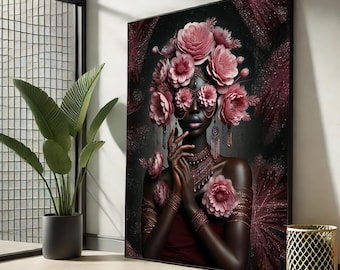 Floral Afro Woman Canvas Print – Luxury Feminine Wall Art