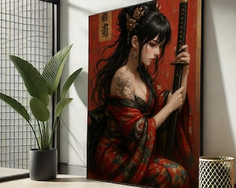 Arte en lienzo de mujer samurái / Geisha japonesa, tatuaje de espada