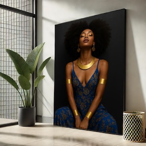Elegant Afro Woman Wall Art | Blue Gold Dress Canvas Print for Modern Home Decor
