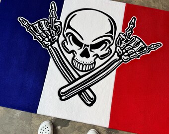 Alfombra Rock Skull: Diseño de bandera francesa punk, alfombra hecha a mano.