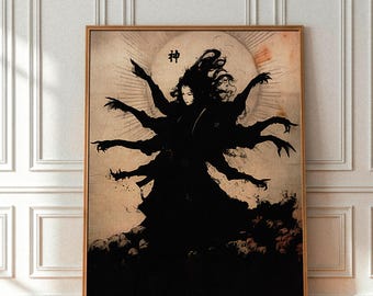 Lienzo de la diosa oscura japonesa Kami, decoración mural gótica sintoísta, lámina de arte de mitología oculta, adorno colgante de folclore macabro, lienzo mate.