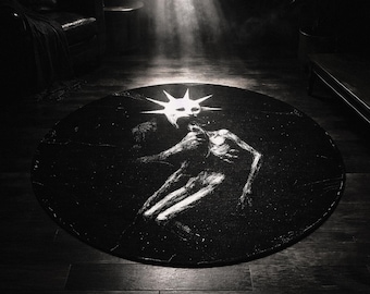 Alfombra redonda con diseño de criatura espeluznante con rostro de sol, decoración gótica de terror para habitaciones, alfombra con estética ocultista, pieza decorativa alternativa para interiores.