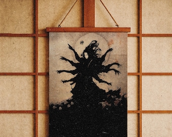 Kami Spirit Wall Tapestry – Wood Hanging Japanese Vintage Art – Dark Folklore Room Decor