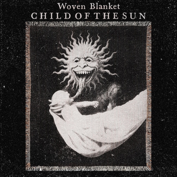 Gothic Woven Blanket – Dark Surreal Sun Deity Throw, Occult Horror Art Tapestry, Vintage Woven Cotton Blanket, Alternative Home Decor
