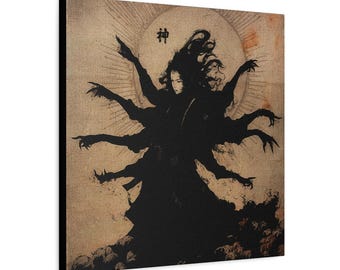 Japanese Dark Goddess Kami Canvas, Gothic Shinto Spirit Wall Decor