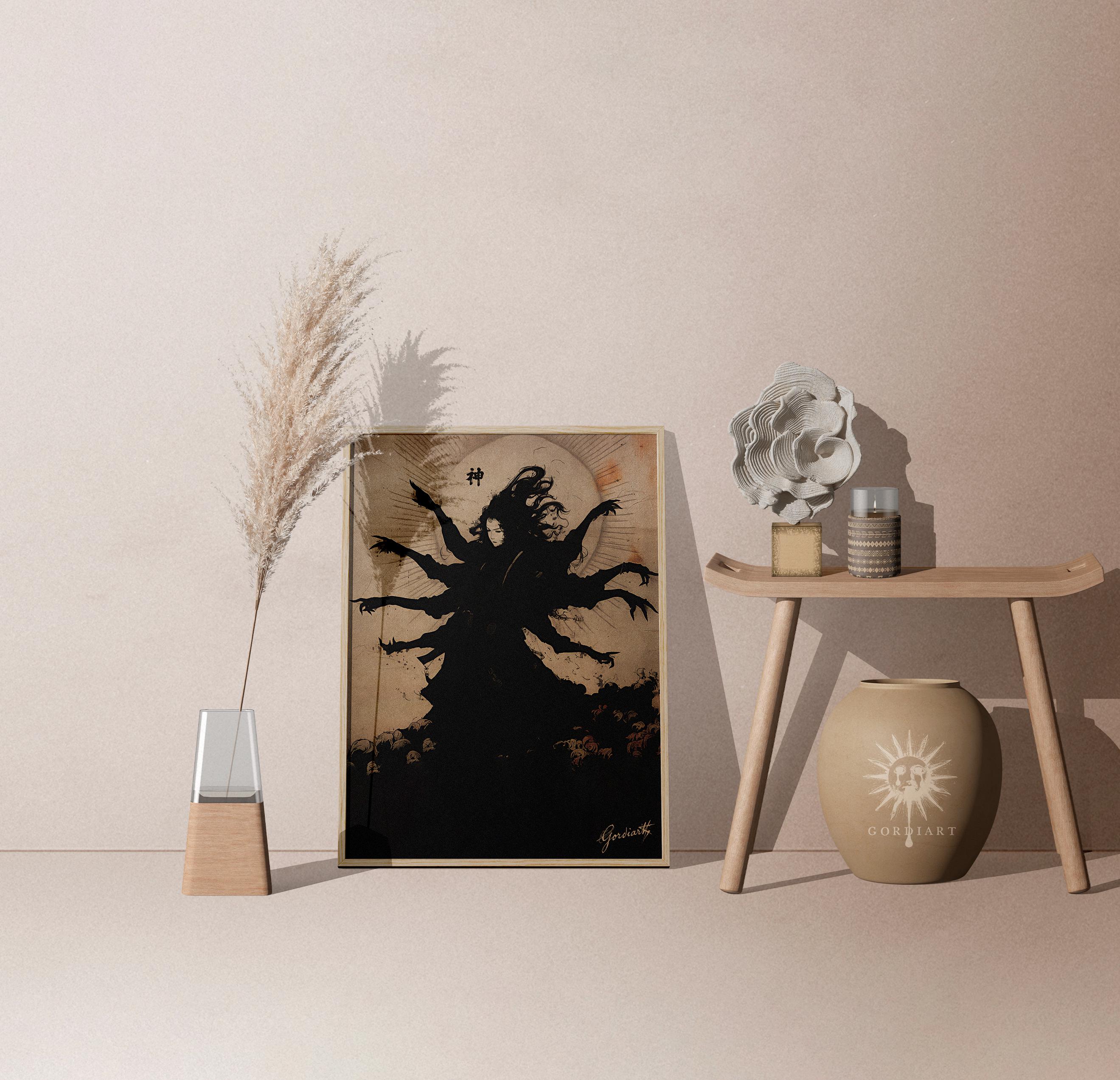 Japanese Dark Goddess Kami Canvas, Gothic Shinto Spirit Wall Decor ...