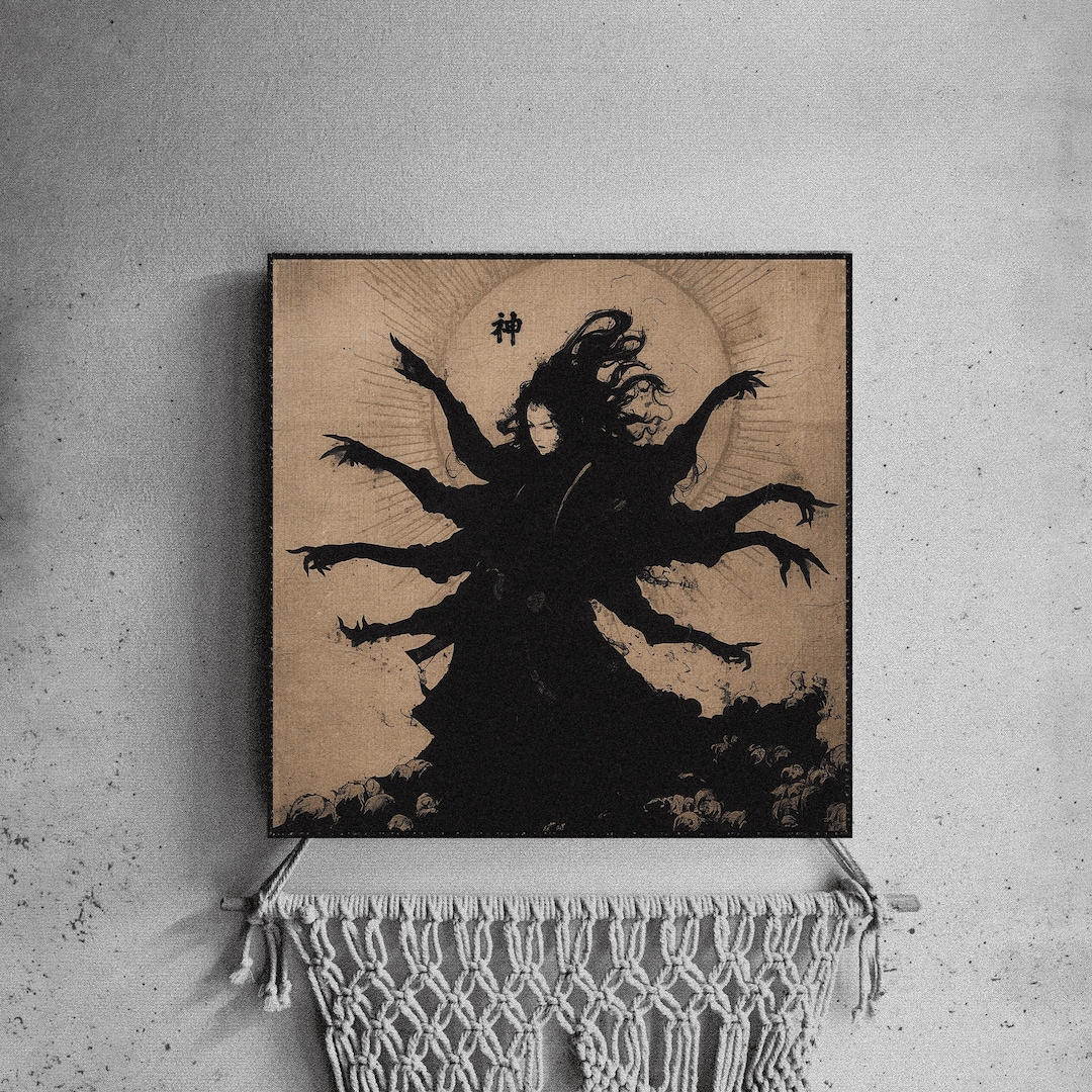 Japanese Dark Goddess Kami Canvas, Gothic Shinto Spirit Wall Decor