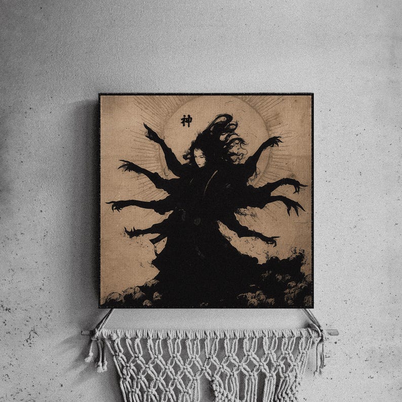 May include: Black and beige framed art print featuring a stylized illustration of a deity with multiple arms. The artwork depicts a figure with flowing hair and outstretched arms, set against a sun-like background. The Japanese character for "god" is visible.