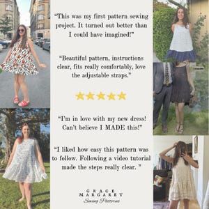 May include: A collage of five photographs showing various sleeveless dresses with drop-waist silhouettes and adjustable straps, accompanied by five-star reviews and the text Grace Margaret Sewing Patterns, highlighting the versatility of the design.