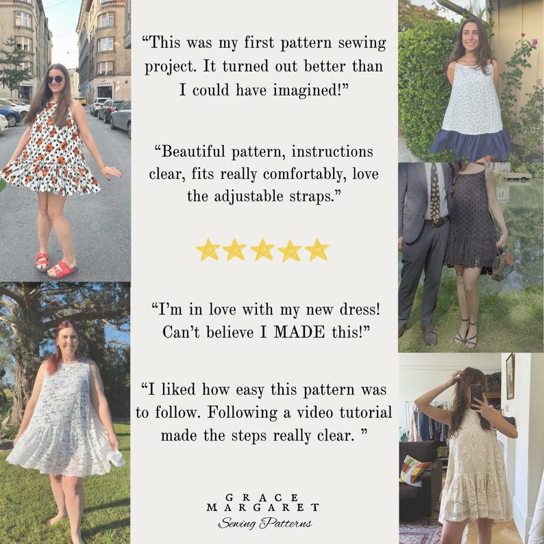 May include: A collage of five photographs showing various sleeveless dresses with drop-waist silhouettes and adjustable straps, accompanied by five-star reviews and the text Grace Margaret Sewing Patterns, highlighting the versatility of the design.