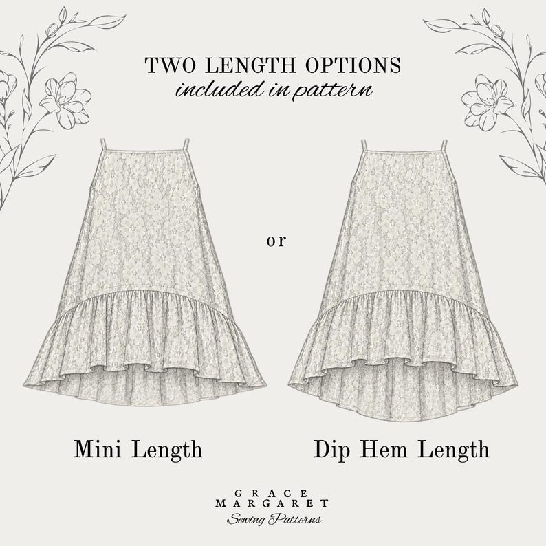 May include: A sewing pattern illustration featuring two dress variations with thin straps and a floral lace texture. The text reads: TWO LENGTH OPTIONS included in pattern, Mini Length, Dip Hem Length, and GRACE MARGARET Sewing Patterns.