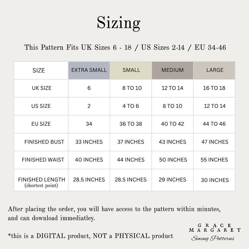May include: A sizing chart for a sewing pattern with the title Sizing. It lists UK sizes 6-18, US sizes 2-14, and EU sizes 34-46. The table displays finished bust, waist, and length measurements in inches for extra small, small, medium, and large sizes.