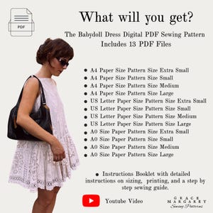 May include: A digital PDF sewing pattern for a babydoll dress, including 13 files in A4, US Letter, and A0 sizes. The text lists sizes from extra small to large, an instructions booklet, and a YouTube video link for Grace Margaret Sewing Patterns.
