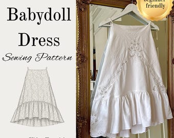 May include: A white babydoll dress sewing pattern by Grace Margaret featuring a sleeveless design with thin straps, intricate lace embroidery details, and a gathered ruffle hem. The image includes a technical sketch and text indicating a video tutorial is included for this beginner friendly project.
