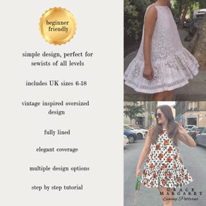 May include: A sleeveless white dress with a lace overlay and a ruffled hemline, alongside a sleeveless white dress featuring a black and orange floral pattern with a ruffled hemline, both displayed with text detailing sewing pattern features.