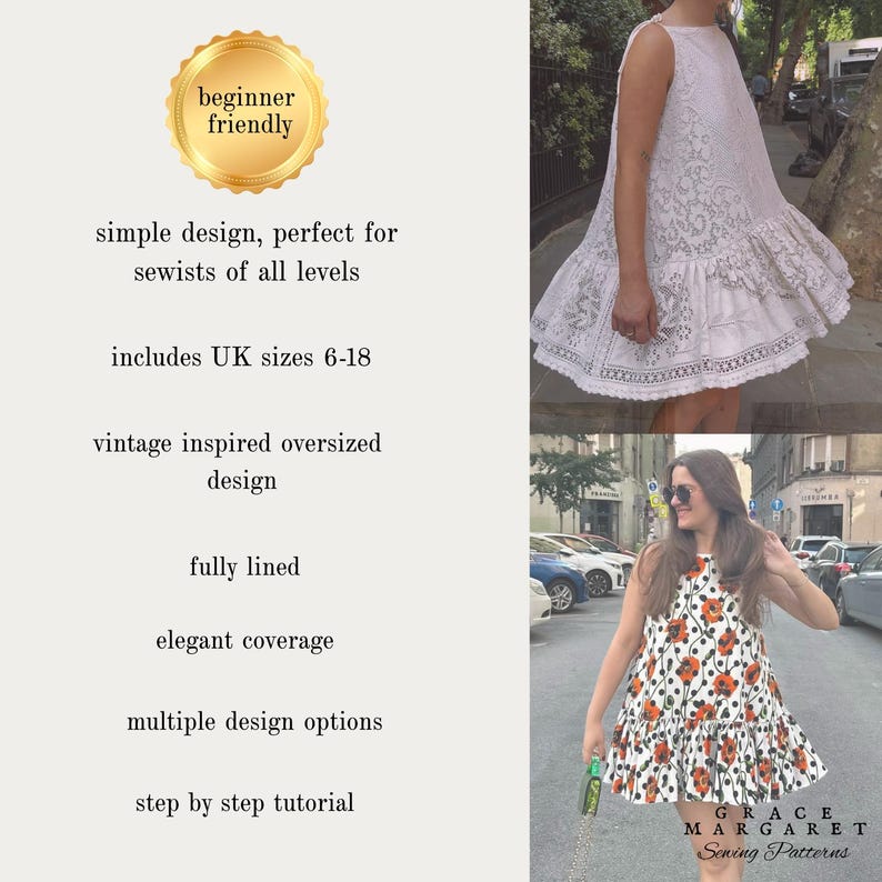 May include: A sleeveless white dress with a lace overlay and a ruffled hemline, alongside a sleeveless white dress featuring a black and orange floral pattern with a ruffled hemline, both displayed with text detailing sewing pattern features.