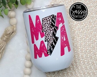 Hot Pink Mama Leopard Lightening Bolt 12oz Stemless Wine Tumbler