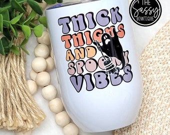 Thick Thighs And Spooky Vibes Retro Ghost 12oz Stemless Wine Tumbler