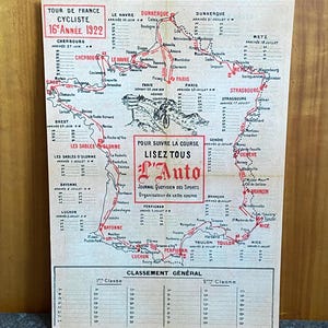 Carte du Tour de France, 1922, plaque métallique imprimée, vélo, vélos, art mural, homme des cavernes, décoration d'intérieur, vintage rétro, impression, cadeau