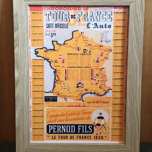 Tour de France, carte de l'itinéraire 1938, affiche A4 imprimée, cyclisme, vélos, art mural, homme des cavernes, décoration d'intérieur, vintage rétro, impression, cadeau pour la fête des pères
