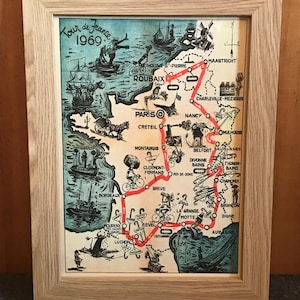 Tour de France, carte de l'itinéraire 1969, affiche A4 imprimée, cyclisme, vélos, art mural, homme des cavernes, décoration d'intérieur, vintage rétro, impression