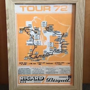Affiche Tour de France 1972, carte de l'itinéraire, impression, cyclisme, vélos, art mural, homme des cavernes, décoration d'intérieur, vintage rétro, imprimé A4