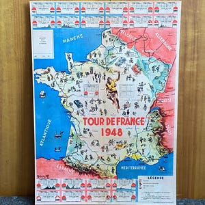 Carte du Tour de France, 1948, plaque métallique imprimée, cyclisme, vélos, art mural, homme des cavernes, décoration d'intérieur, vintage rétro, impression, cadeau