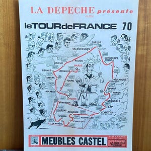 Carte du Tour de France, 1970, plaque métallique imprimée, cyclisme, vélos, art mural, homme des cavernes, décoration d'intérieur, vintage rétro, impression, cadeau