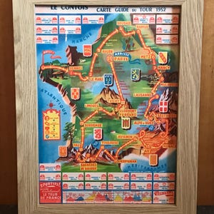 Carte du Tour de France, 1952, affiche A4 imprimée, vélo, vélos, art mural, homme des cavernes, décoration d'intérieur, vintage rétro, impression, cadeau pour la fête des pères