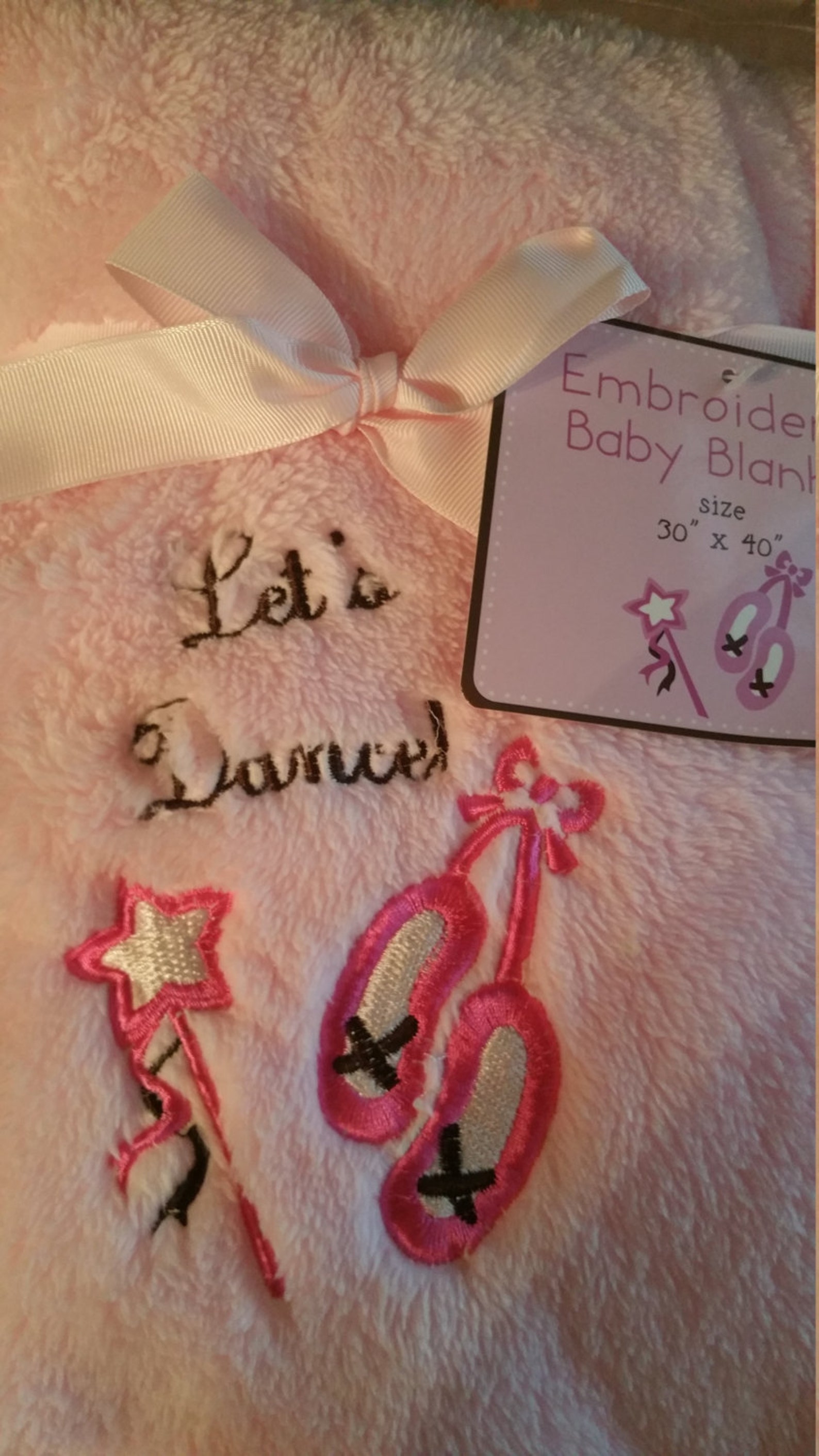 soft pink let's dance baby blanket with pink ballet shoes personalized monogram embroidery