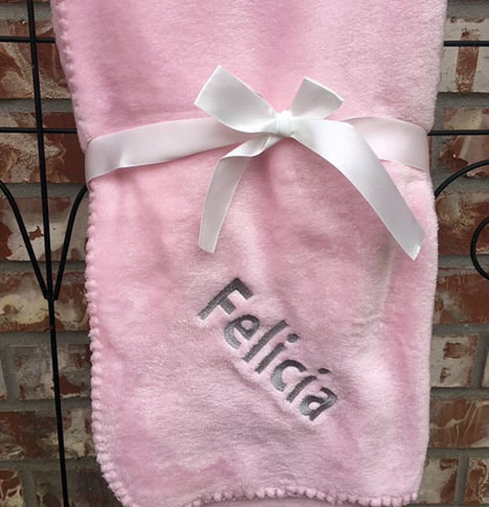 soft pink let's dance baby blanket with pink ballet shoes personalized monogram embroidery