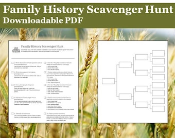 May include: A printable family history scavenger hunt with a list of activities to complete. The printable includes a family tree template with blank boxes. The background is a field of wheat.