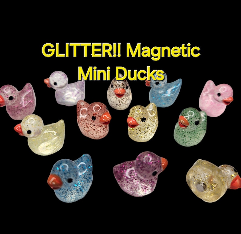 May include: A set of 10 small, glittery, magnetic duck figurines in various colours, including pink, blue, green, yellow, and white. The ducks have red beaks and black eyes. The ducks are all facing forward and are arranged in a semi-circle.
