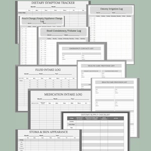 May include: A set of printable log sheets for tracking ostomy care, including fluid intake, medication intake, ostomy irrigation, pouch changes, stool consistency, and stoma appearance. The sheets are designed with a simple, clean layout and include space for recording dates, times, and notes.