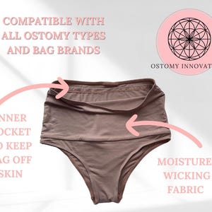 May include: Brown high-waisted underwear with an inner pocket and moisture-wicking fabric. The image includes the text "COMPATIBLE WITH ALL OSTOMY TYPES AND BAG BRANDS" and "OSTOMY INNOVATIONS".