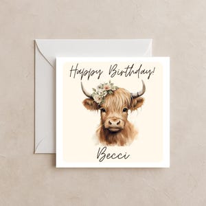 Cartão de aniversário personalizado | Feliz aniversário | Cartão de vaca das Terras Altas | Cartão de aniversário engraçado | Design fofo de vaca floral