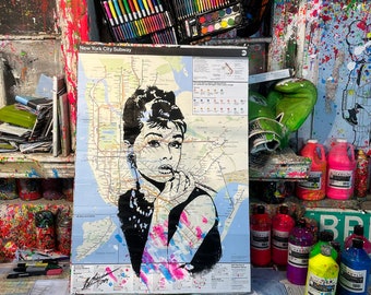 Audrey Hepburn Made on original New York subway map hand made