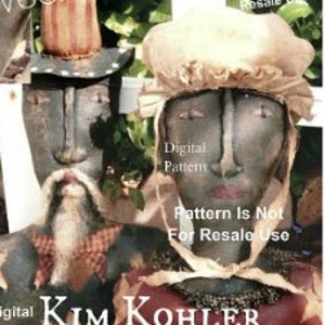 Op de afbeelding: Een digitaal patroon voor een Americana-thema poppenbuste, met een man en vrouw met een rood, wit en blauwe hoed en een witte kap. Het patroon is getiteld "Sam & Betsy Bust's" en is auteursrechtelijk beschermd 2005 door Kim Kohler.