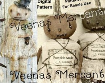 Instant Dirty Pumpkin Sisters Doll Download Pattern Jack O Lantern + Snowman Halloween PDF Patterns Primitive Fabric Cloth Sewing Kim Kohler