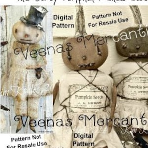 May include: An advertisement for "Veenas Mercantile" featuring handmade pumpkin-themed dolls. The dolls have stitched faces, fabric clothing, and are adorned with vintage-style details. The text includes "Digital Pattern" and "Pattern Not For Resale Use."